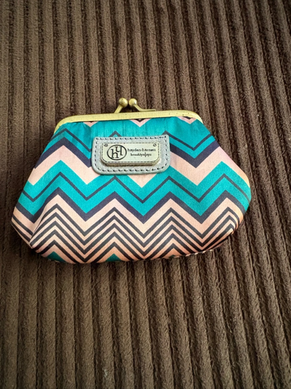 Hayden-Harnett Teal and Pink Chevron Kiss-Lock Coin Purse